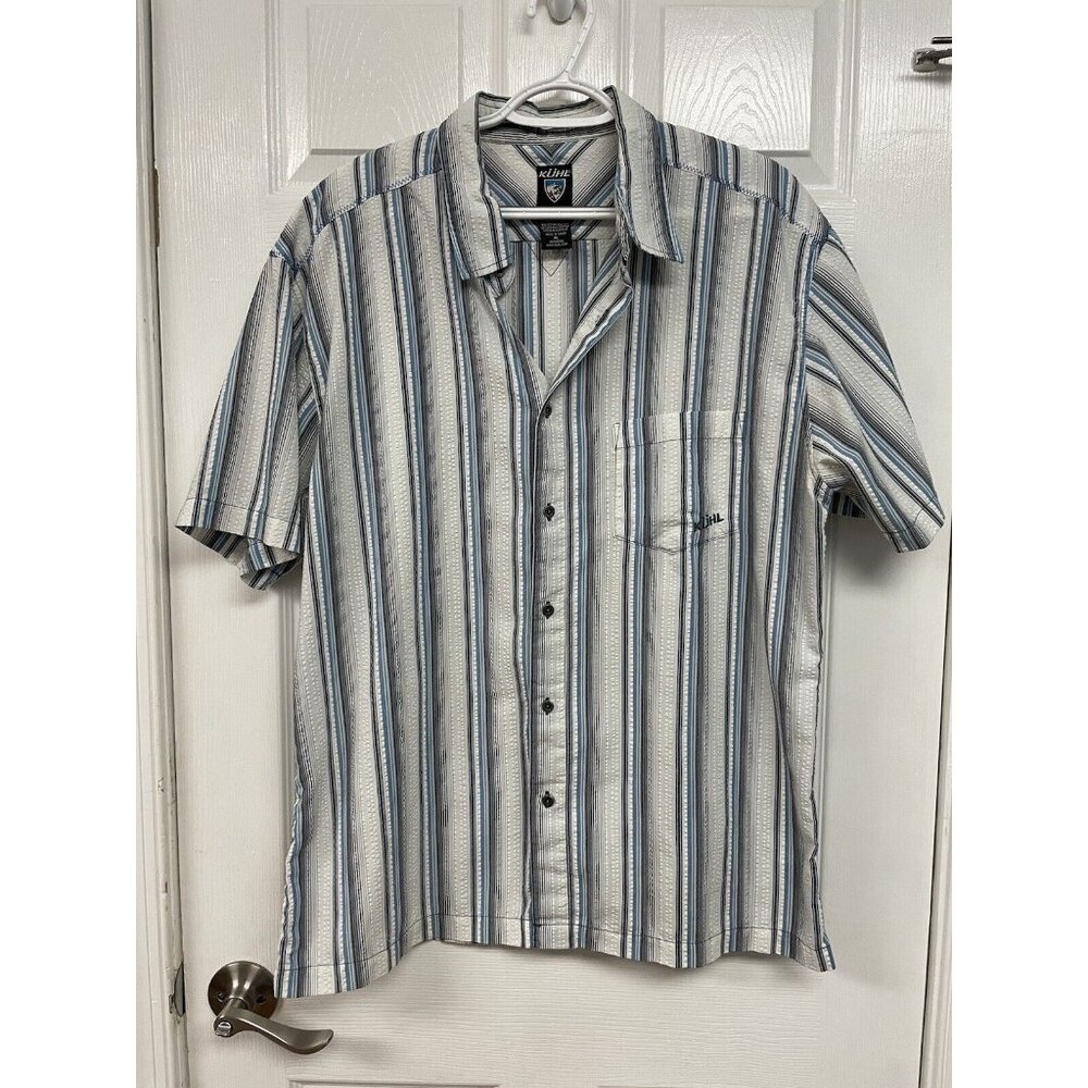 Kuhl White Blue Short Sleeve Button Up Shirt Striped Hiking Men's XL
